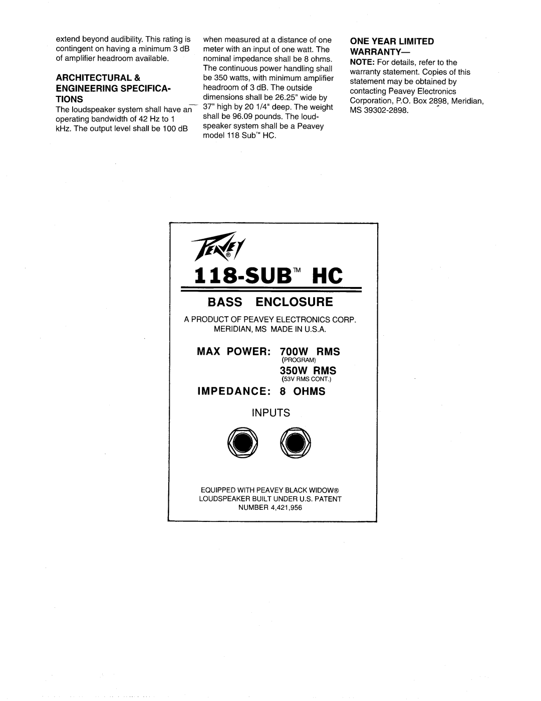 Peavey 118 Sub HC manual 