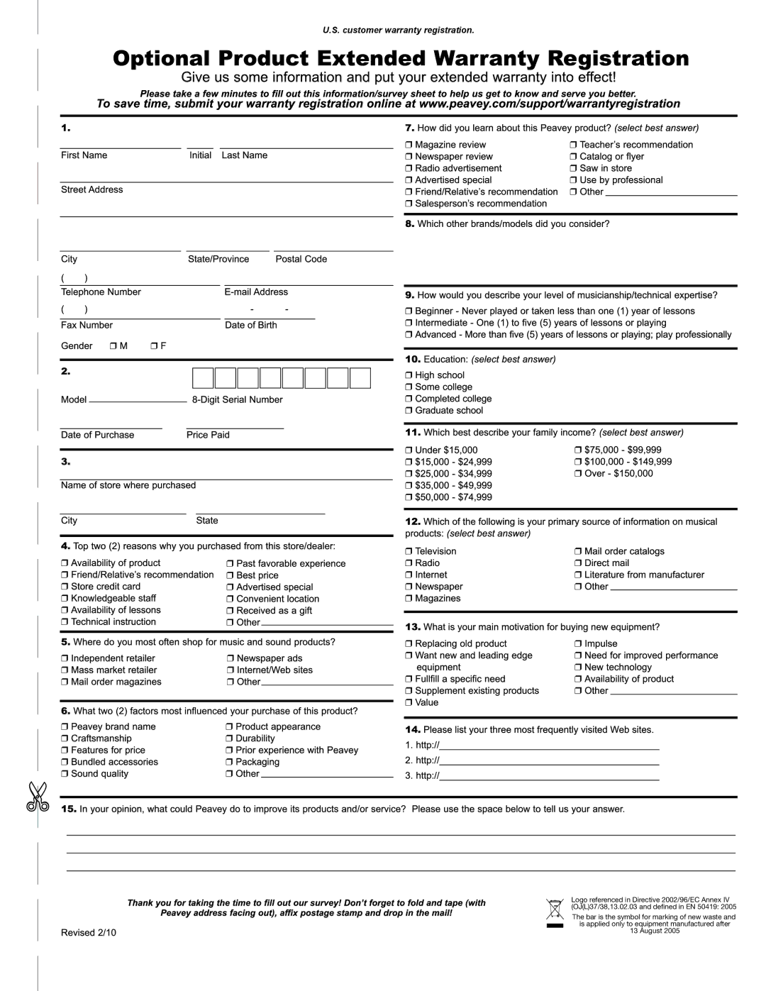 Peavey 12 D manual Customer warranty registration 