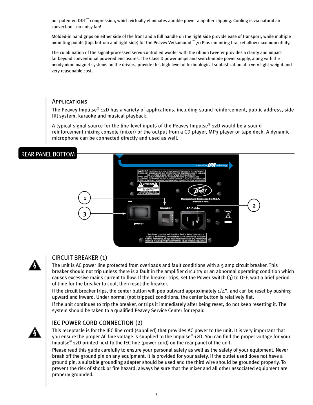 Peavey 12 D manual Applications, Circuit Breaker, IEC Power Cord Connection 