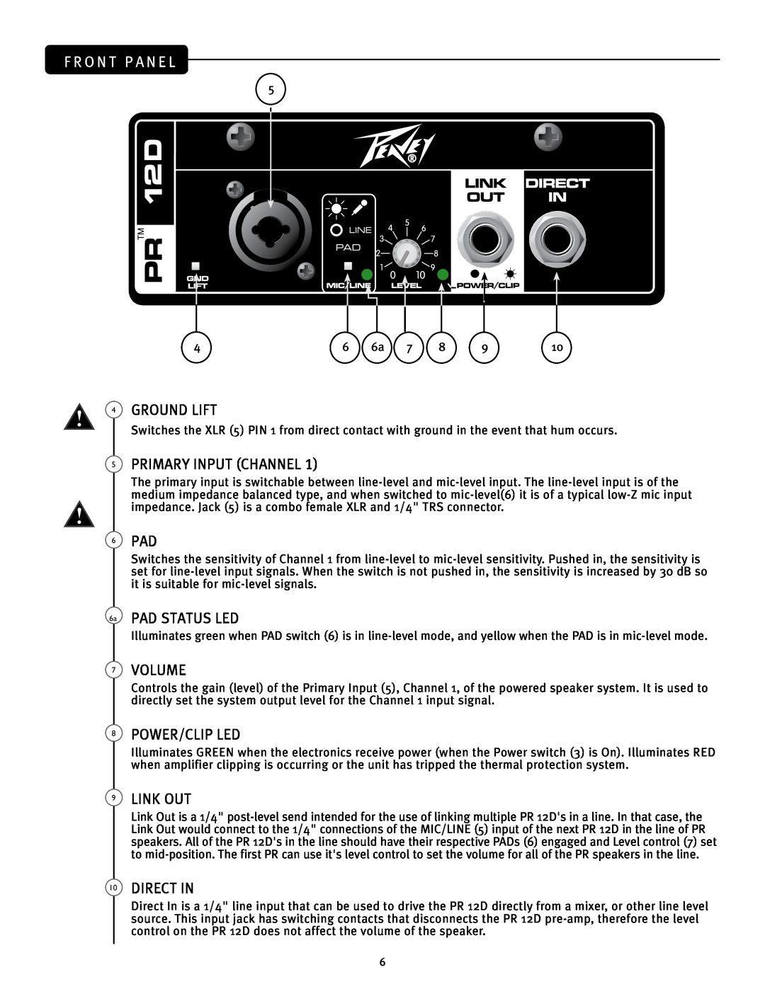 Peavey 12 D manual 4GROUND LIFT, 5PRIMARY INPUT CHANNEL, Pad Status Led, Volume, 8POWER/CLIP LED, 9LINK OUT, 10DIRECT IN 