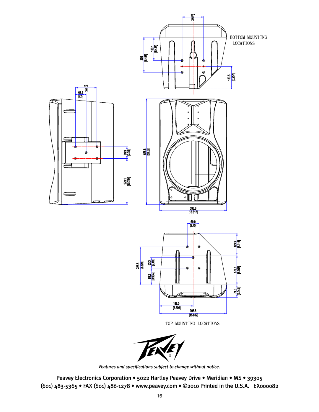 Peavey 12 D manual Bottom Mounting Locations Top Mounting Locations 