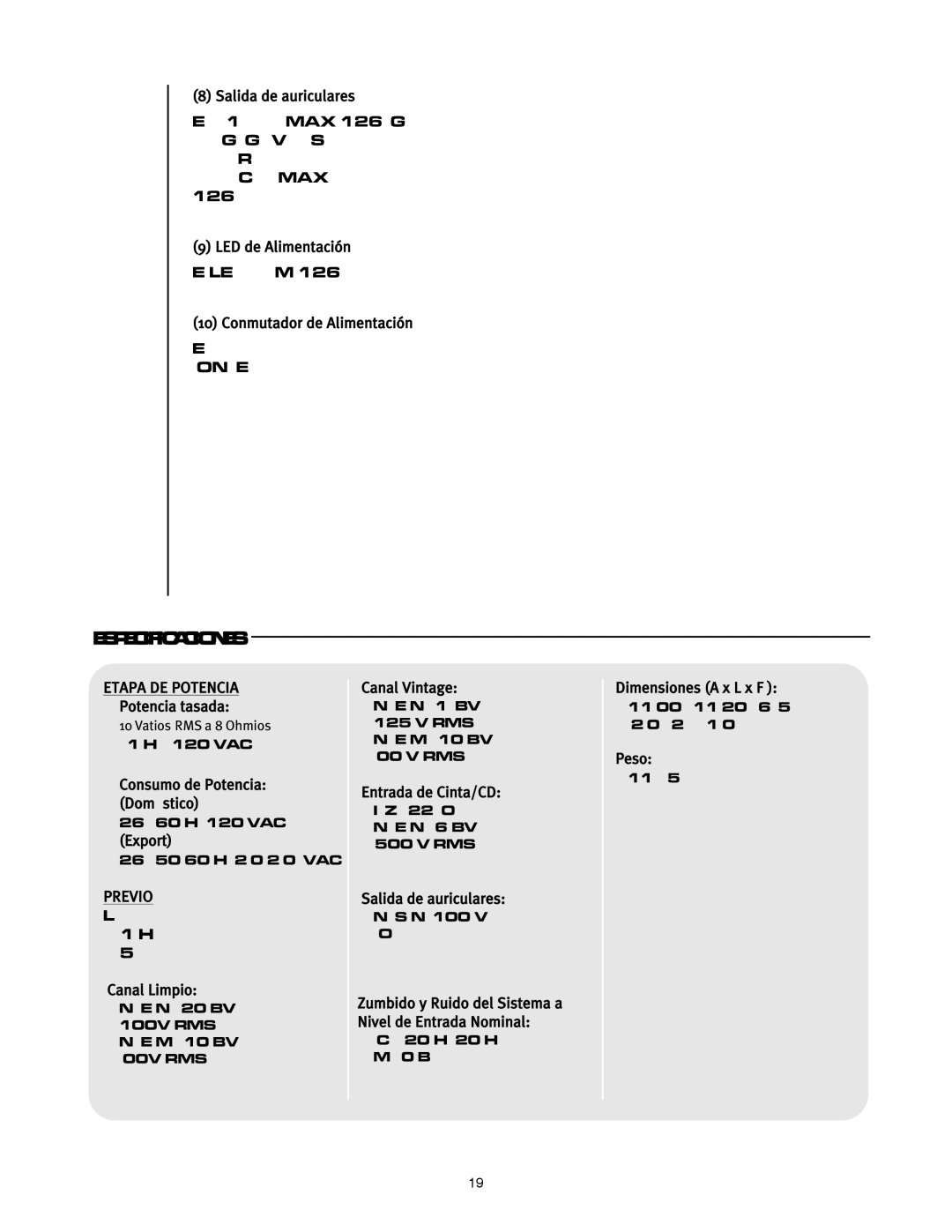 Peavey 126 owner manual Especificaciones, Etapa DE Potencia, Previo 