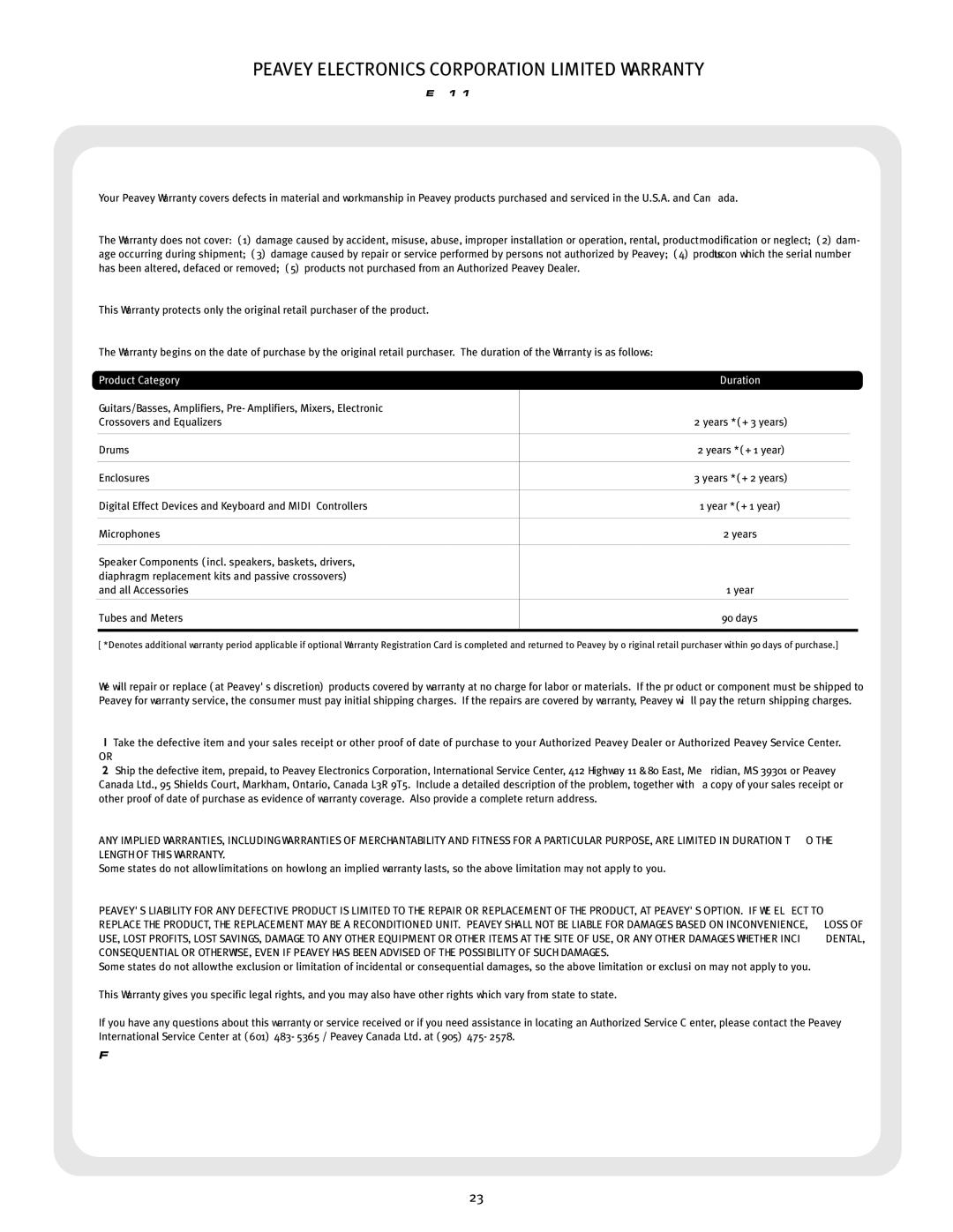 Peavey 126 owner manual Peavey Electronics Corporation Limited Warranty, Product Category 