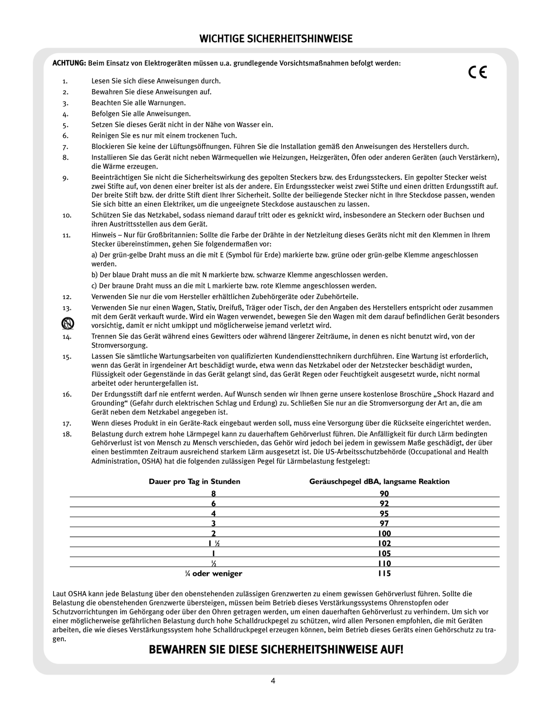 Peavey 126 owner manual Wichtige Sicherheitshinweise, ⁄ 4 oder weniger 