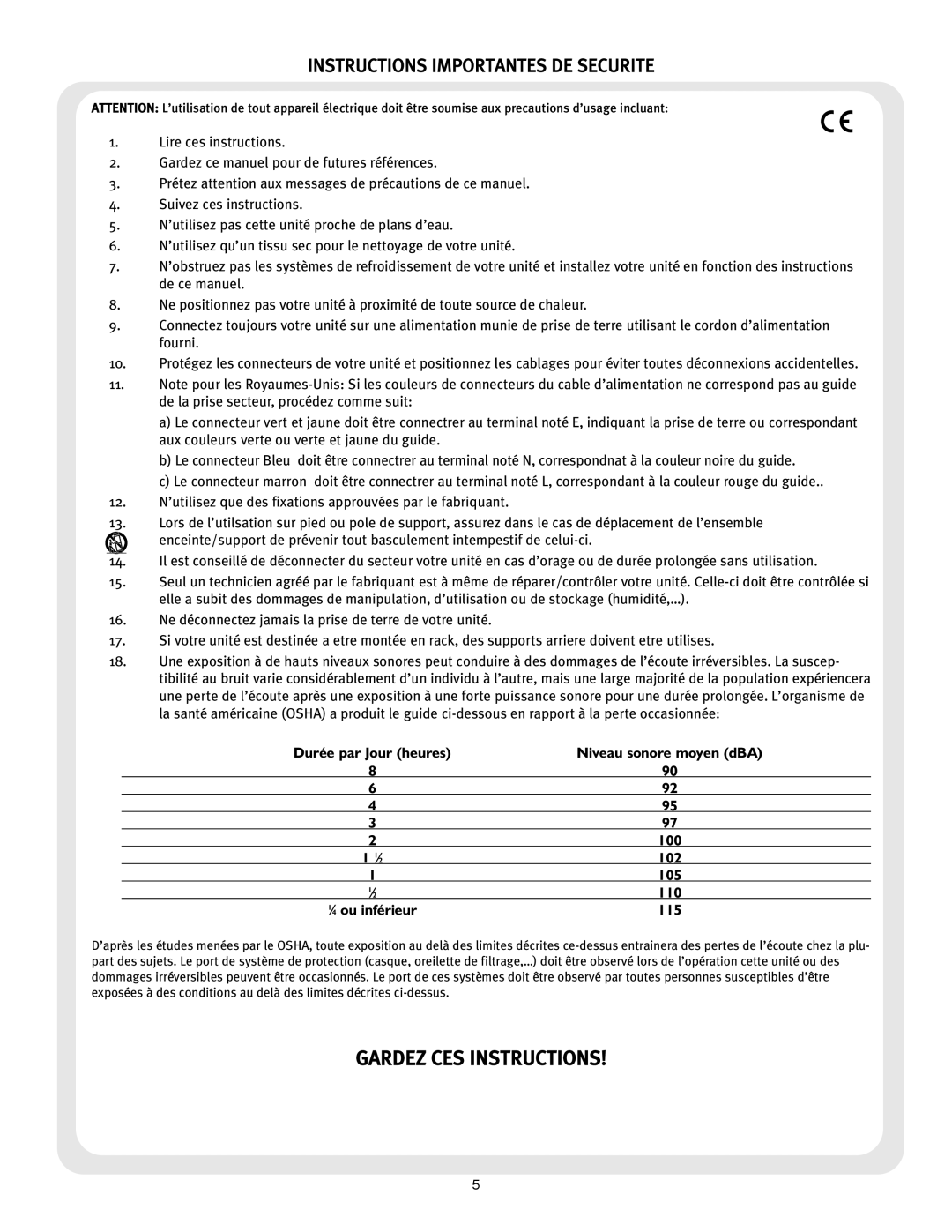 Peavey 126 owner manual Instructions Importantes DE Securite, ⁄ 4 ou inférieur 