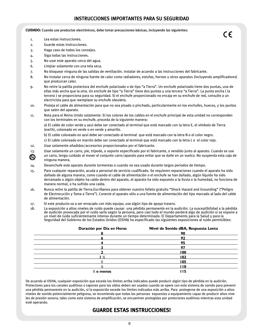 Peavey 126 owner manual Instrucciones Importantes Para SU Seguridad 