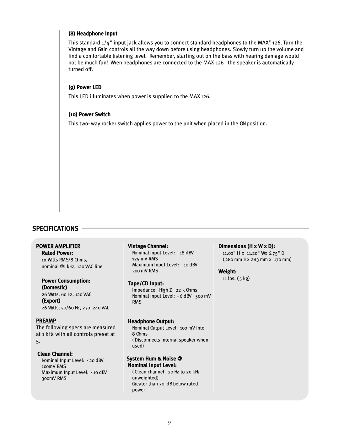 Peavey 126 owner manual Specifications, Power Amplifier, Preamp 