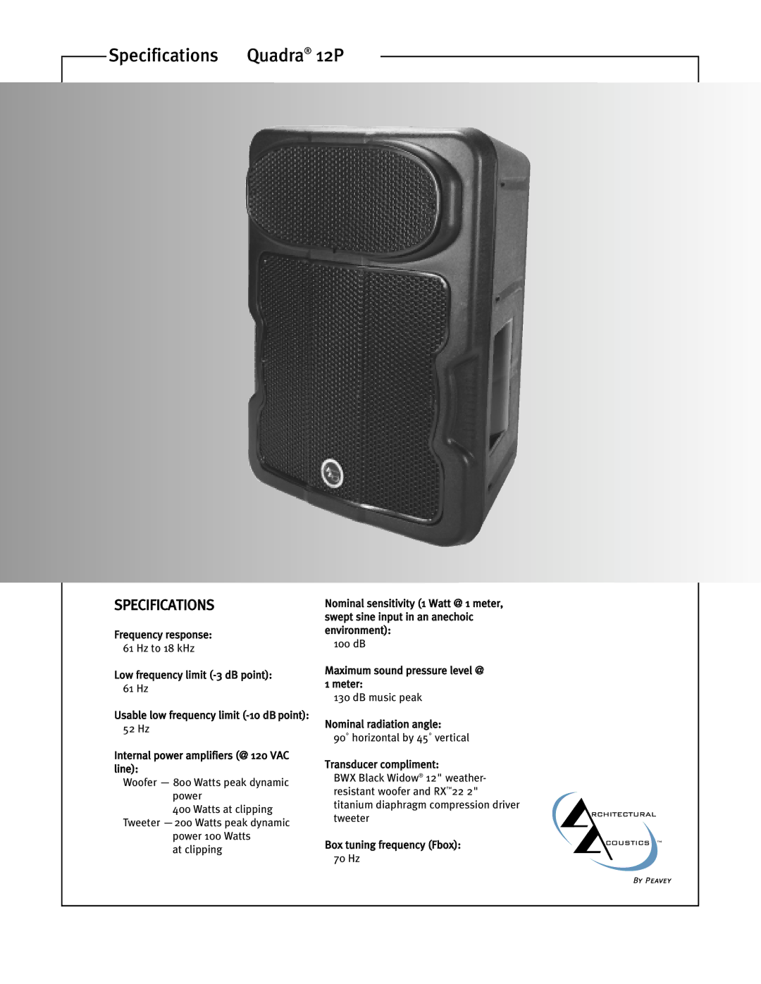 Peavey specifications Specifications Quadra 12P 