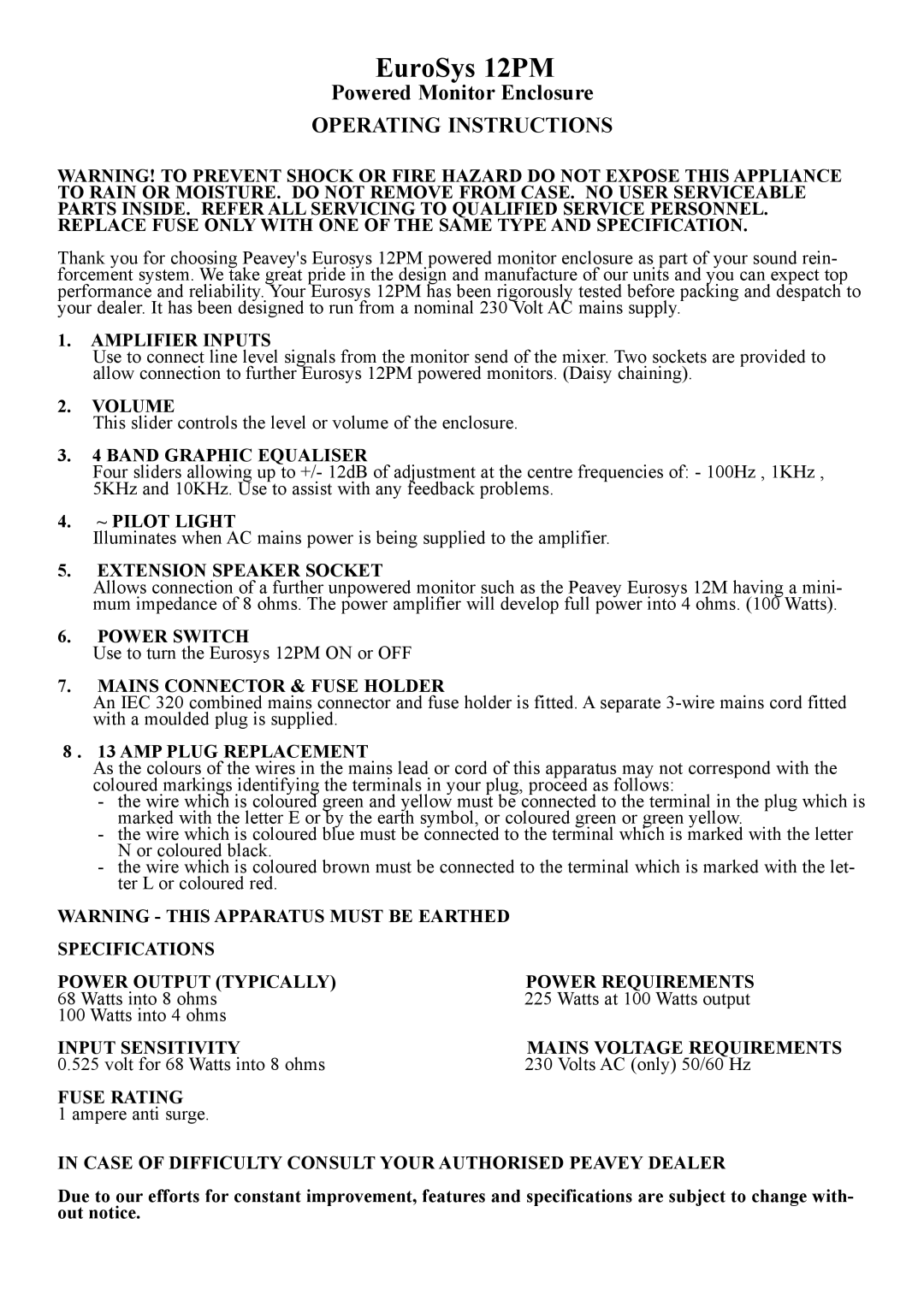 Peavey 12PM manual Operating Instructions 