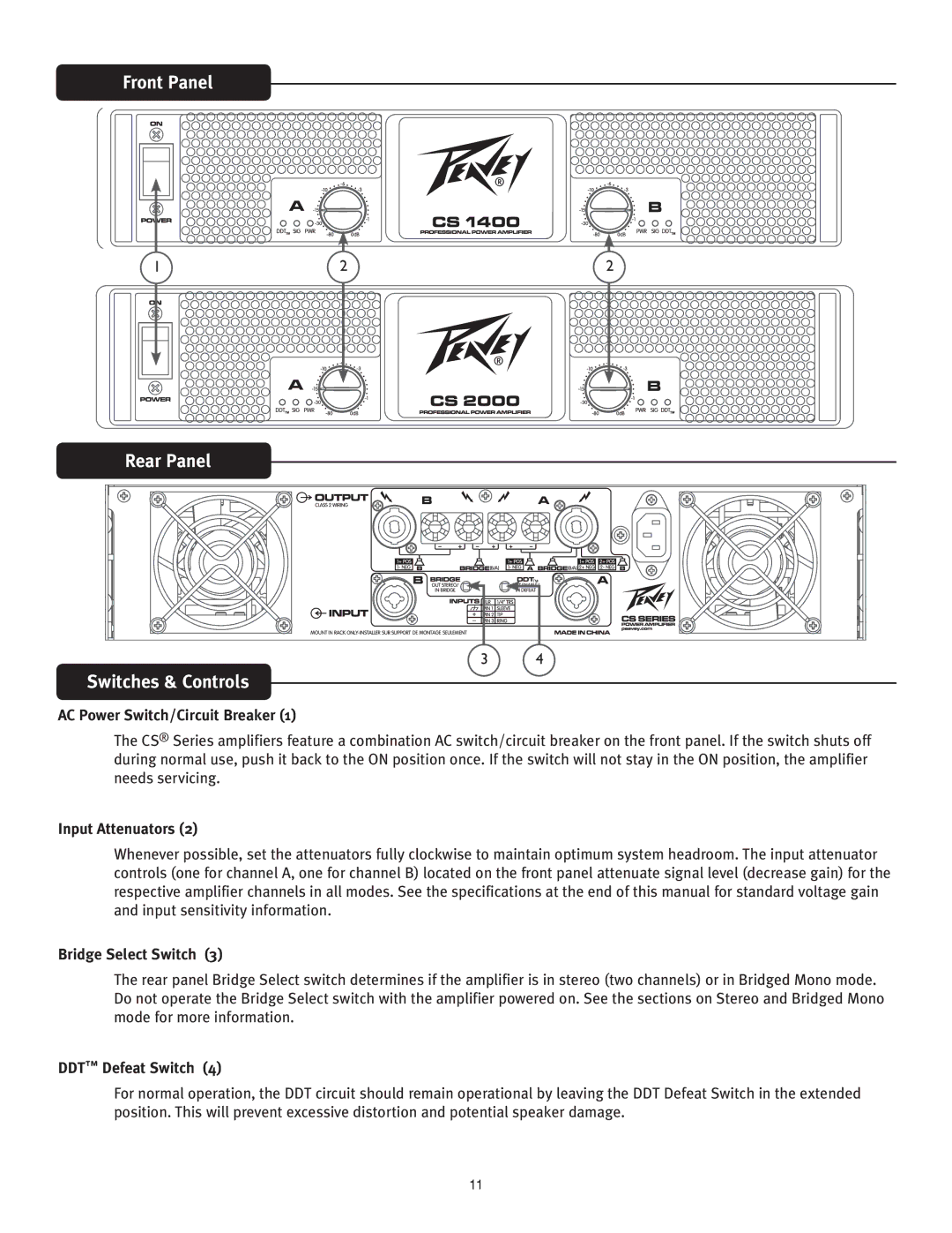 Peavey 2000, 1400 Front Panel Rear Panel Switches & Controls, AC Power Switch/Circuit Breaker, Input Attenuators 