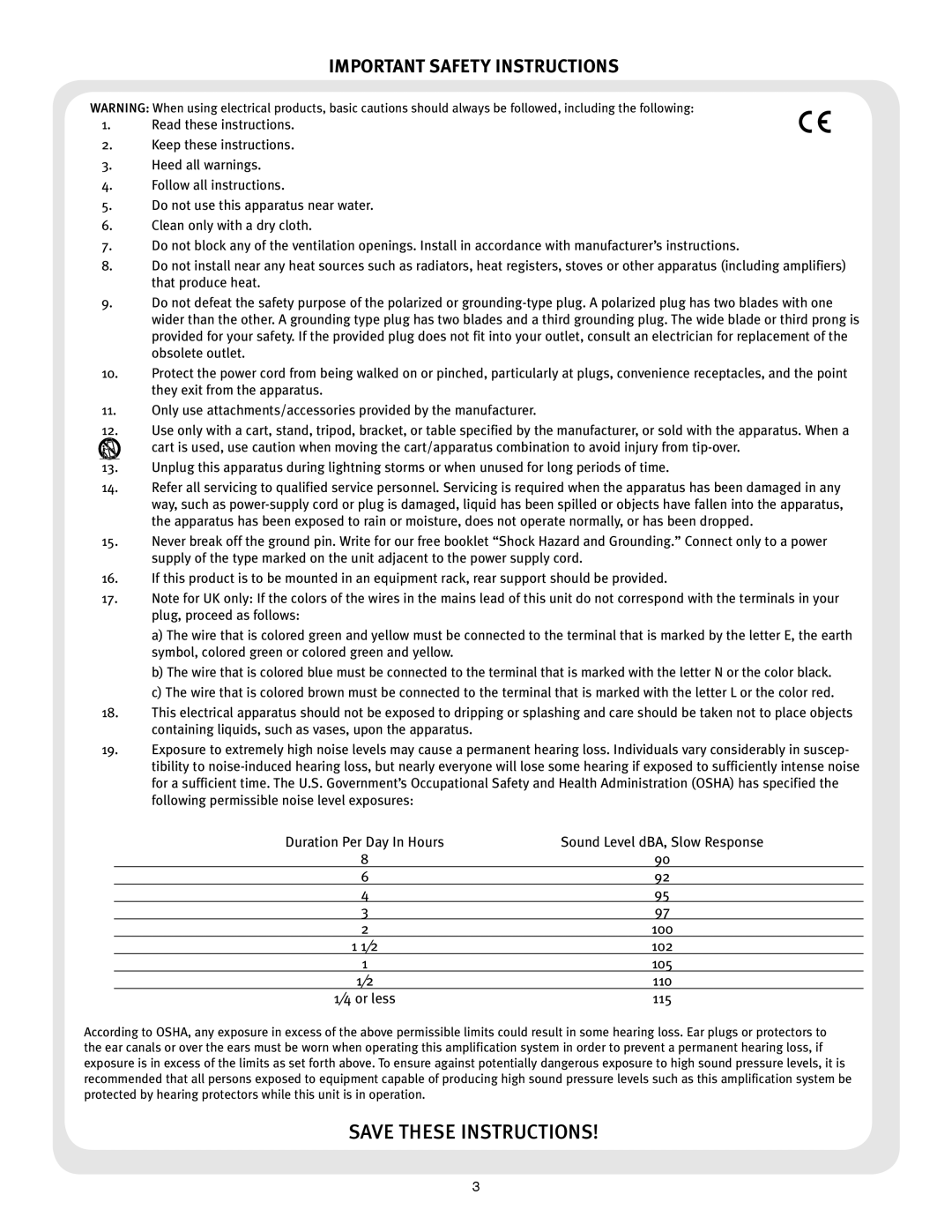 Peavey 2000, 1400 owner manual Important Safety Instructions 