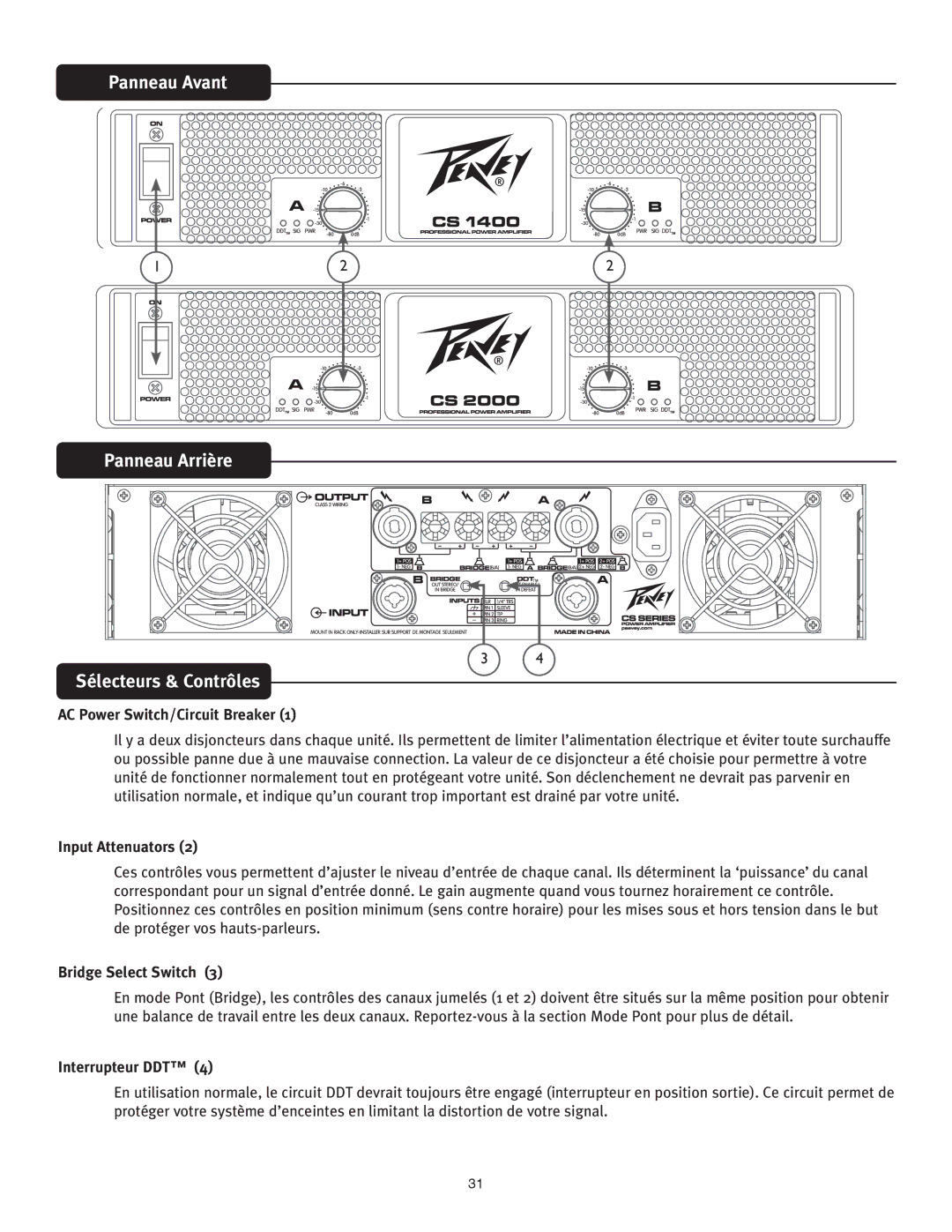 Peavey 2000, 1400 owner manual Panneau Avant Panneau Arrière Sélecteurs & Contrôles, Interrupteur DDT 