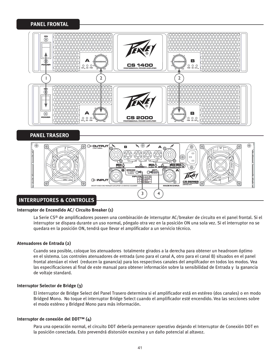 Peavey 2000, 1400 Panel Frontal Panel Trasero Interruptores & Controles, Interruptor de Encendido AC/ Circuito Breaker 