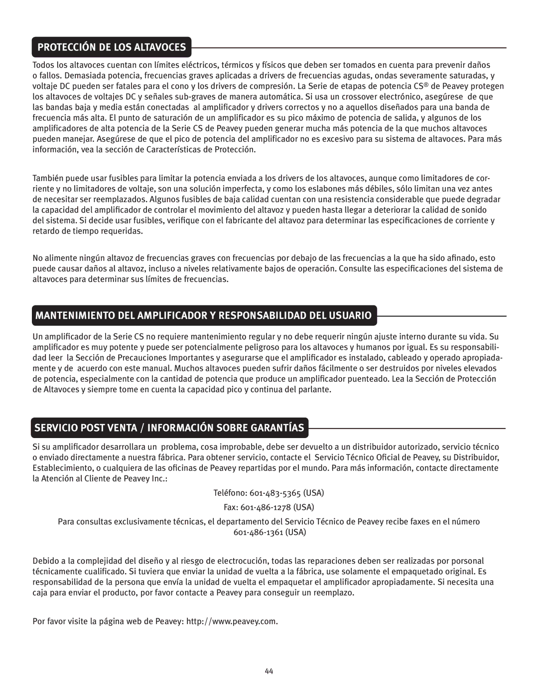 Peavey 1400, 2000 owner manual Protección DE LOS Altavoces, Servicio Post Venta / Información Sobre Garantías 