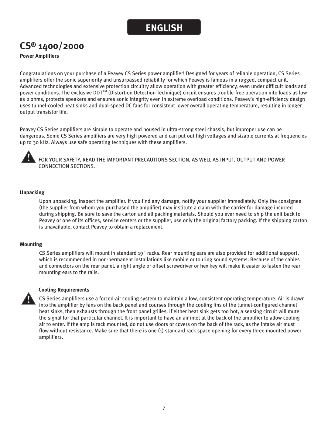 Peavey 2000, 1400 owner manual Power Amplifiers, Unpacking, Mounting, Cooling Requirements 