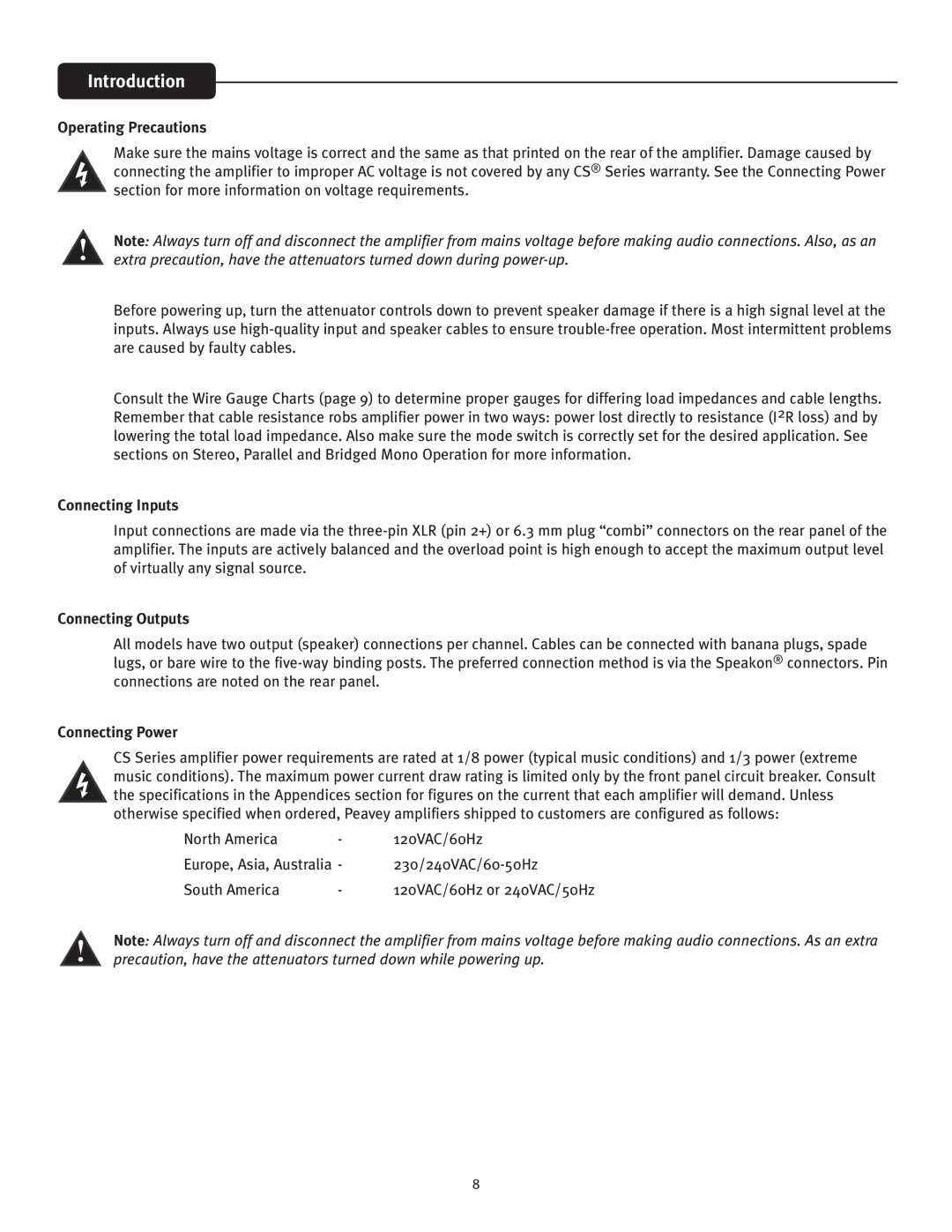 Peavey 1400, 2000 owner manual Introduction, Operating Precautions, Connecting Inputs, Connecting Outputs, Connecting Power 