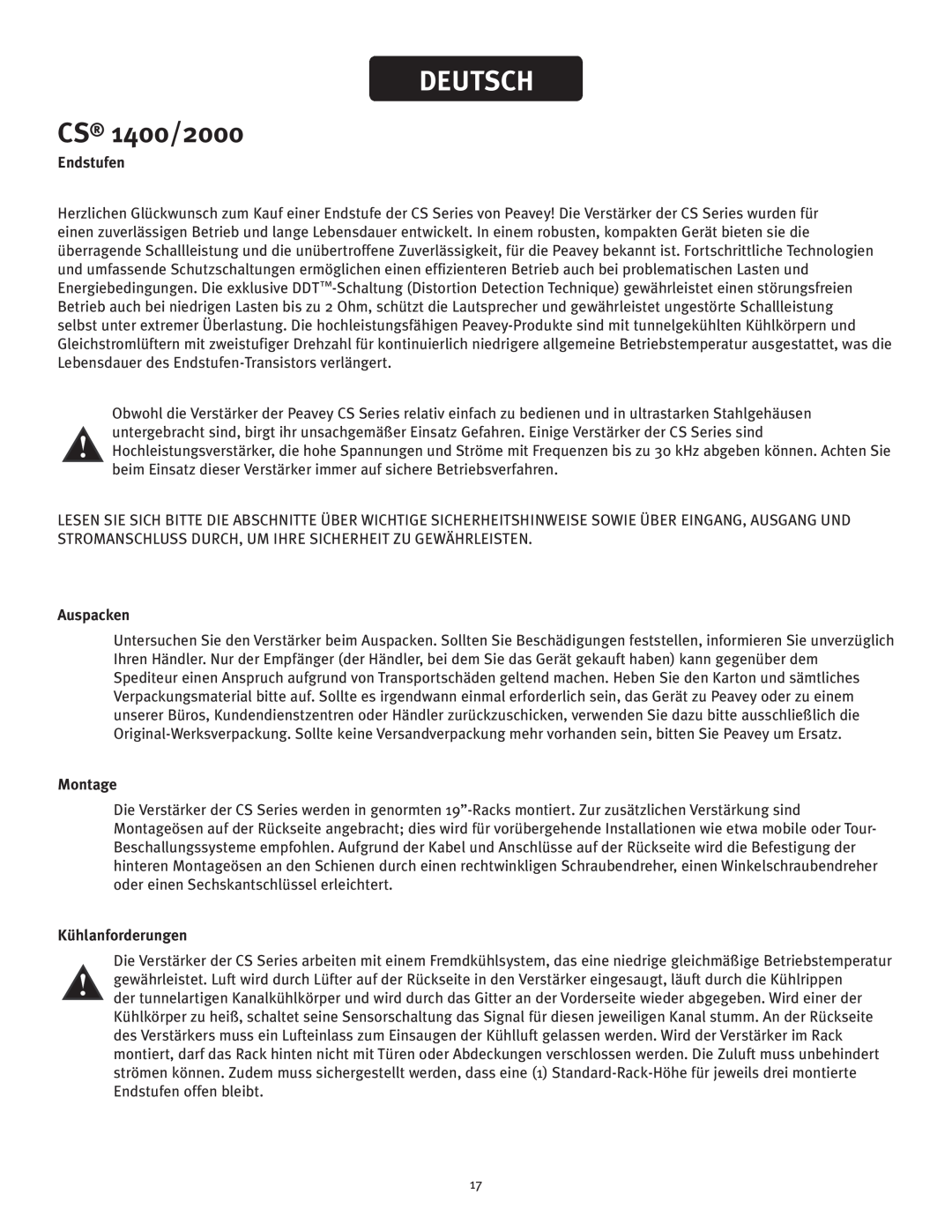 Peavey owner manual Deutsch, CS 1400/2000, Endstufen, Auspacken, Montage, Kühlanforderungen 