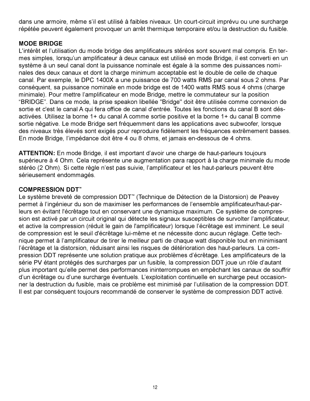 Peavey 1400X owner manual Mode Bridge, Compression DDT 