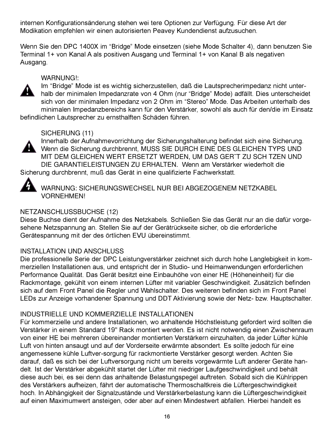 Peavey 1400X owner manual Warnung, Sicherung, Installation UND Anschluss, Industrielle UND Kommerzielle Installationen 