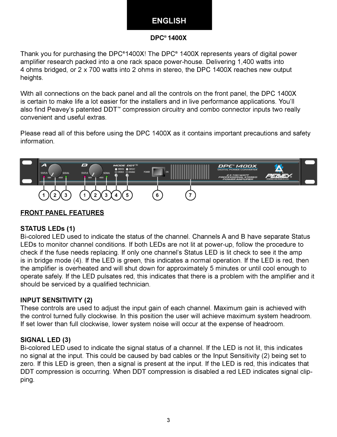 Peavey 1400X owner manual Dpc, Front Panel Features, Status LEDs, Input Sensitivity, Signal LED 