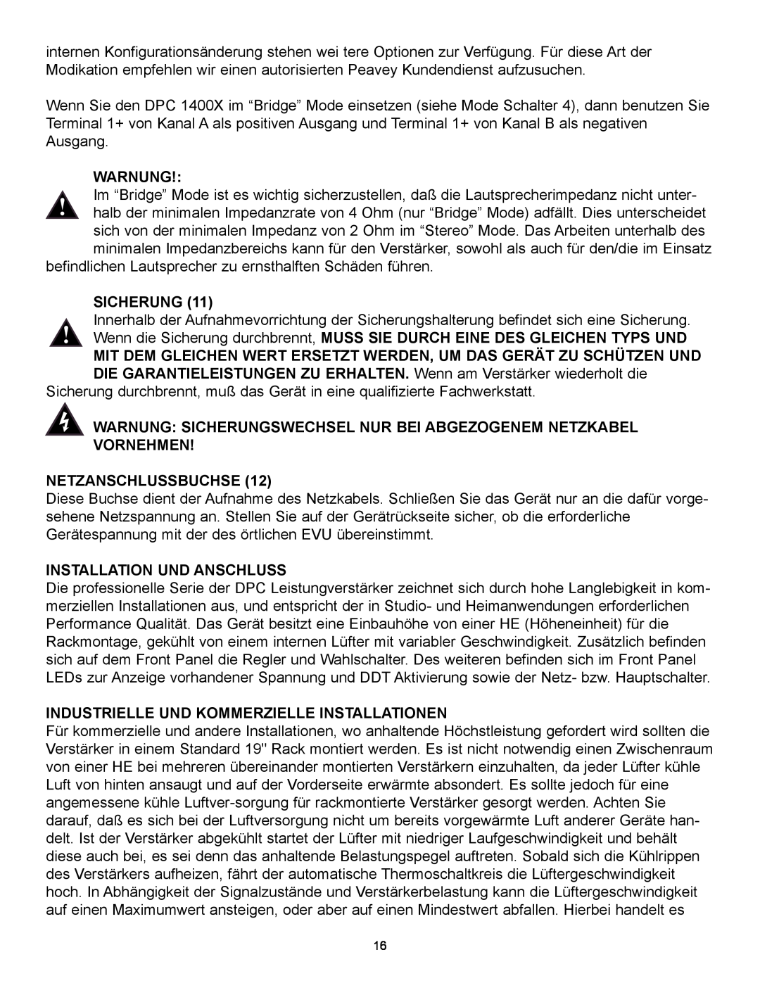 Peavey 1400X owner manual Warnung Sicherungswechsel Nur Bei Abgezogenem Netzkabel Vornehmen, Netzanschlussbuchse 