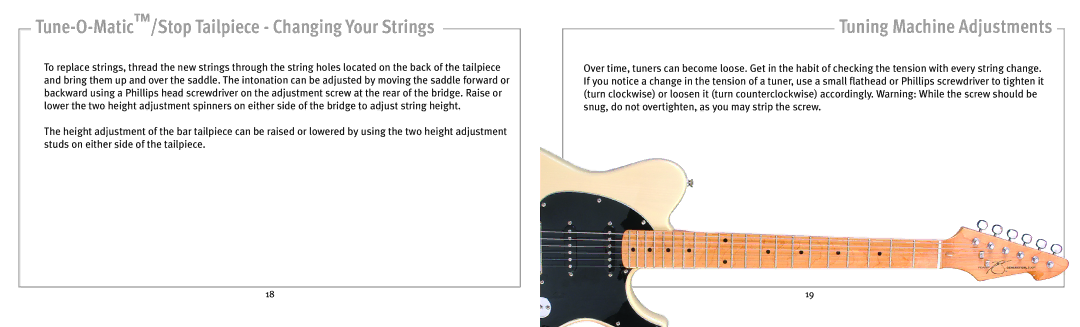 Peavey 141211105 owner manual Tune-O-Matic/Stop Tailpiece Changing Your Strings, Tuning Machine Adjustments 