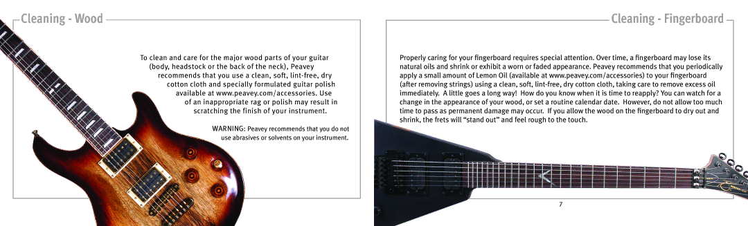 Peavey 141211105 owner manual Cleaning Wood, Cleaning Fingerboard 