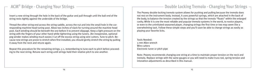 Peavey 141211105 owner manual Double Locking Tremolo Changing Your Strings 