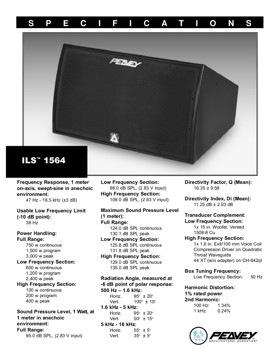 Peavey 1564 specifications Specification S 