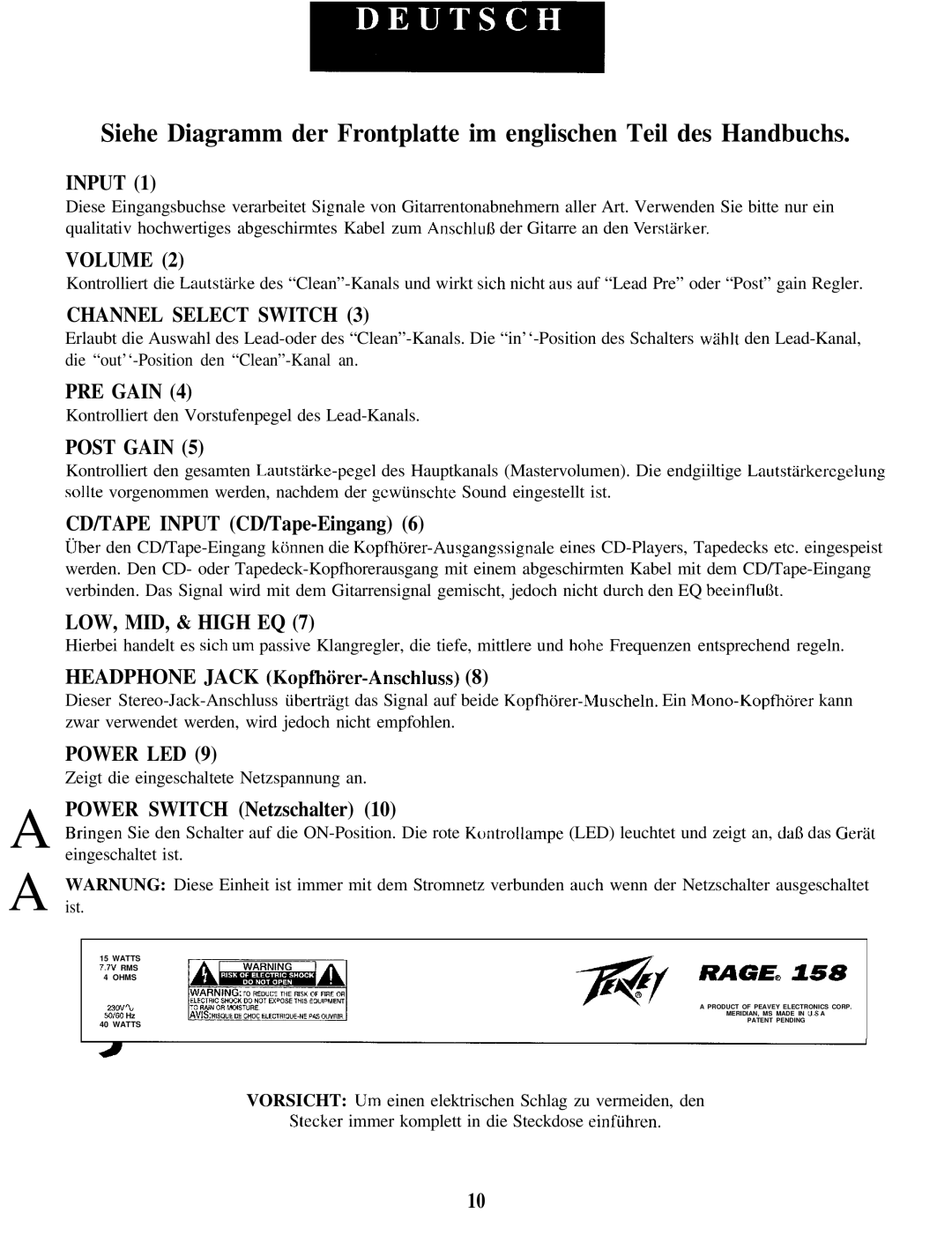 Peavey 158 manual CD/TAPE Input CD/Tape-Eingang, Headphone Jack Kopfhker-Anschluss, Power Switch Netzschalter 