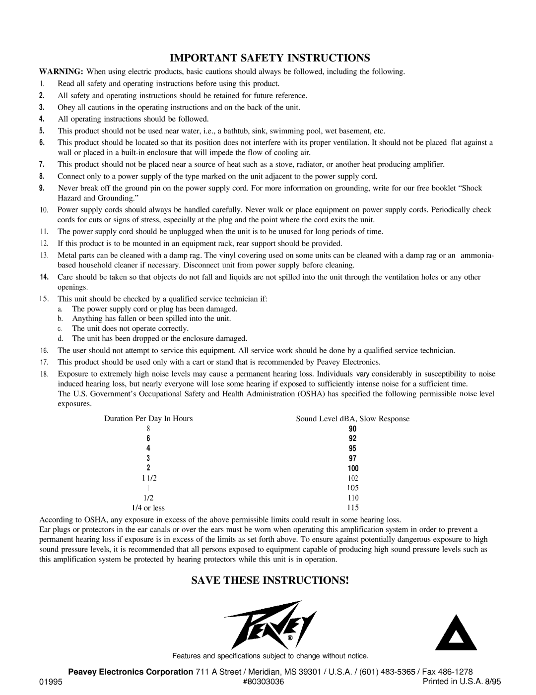 Peavey 158 manual Important Safety Instructions 