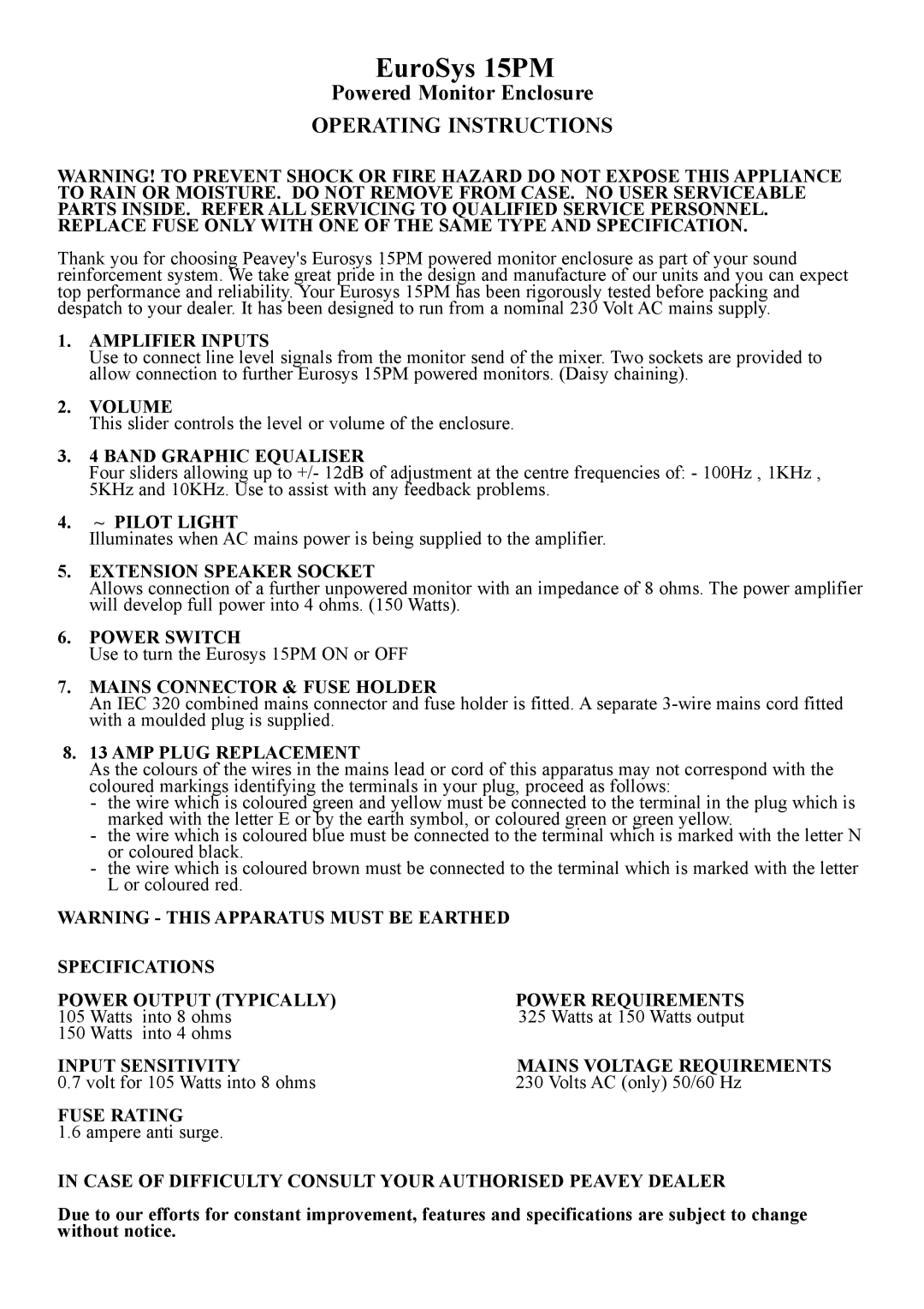 Peavey 15PM operating instructions Operating Instructions 