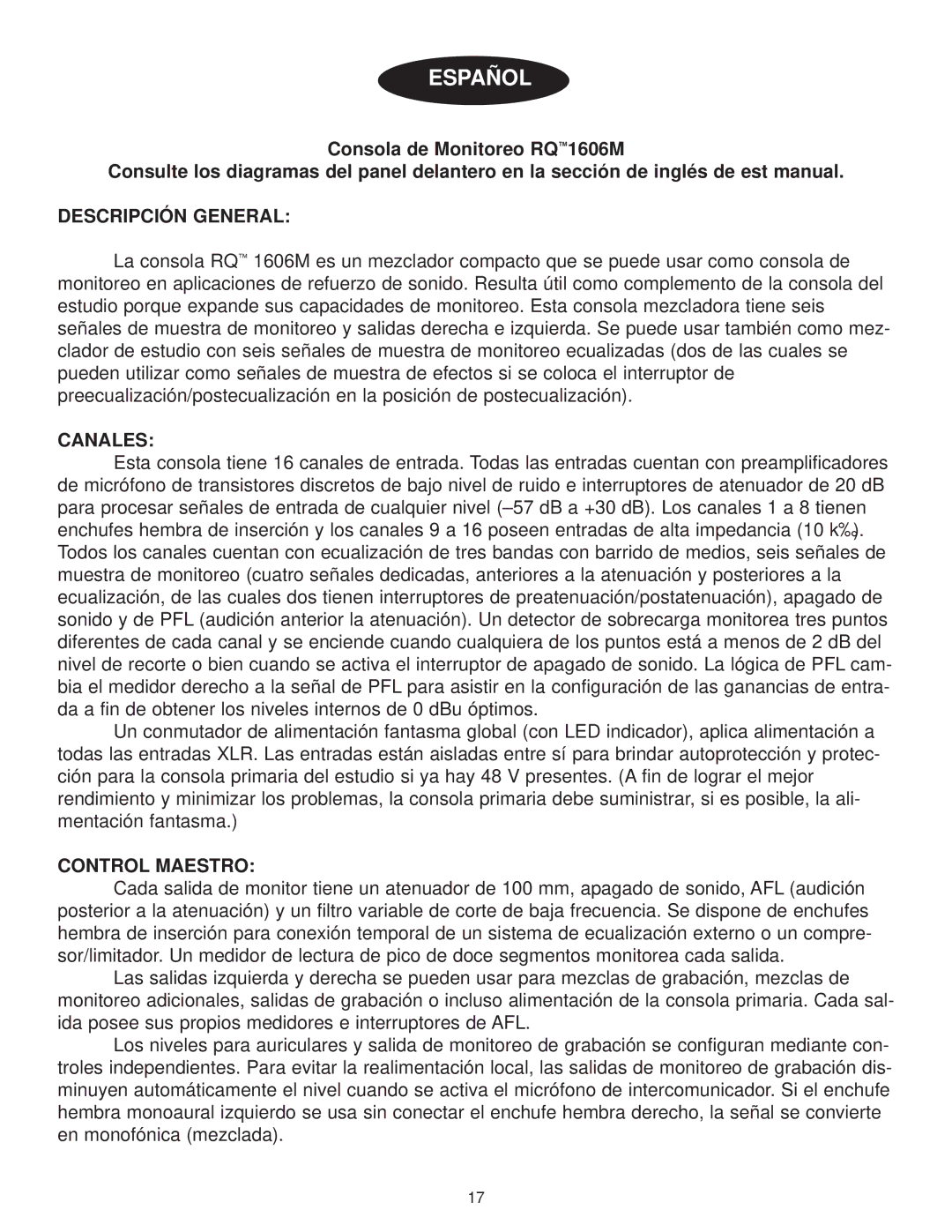 Peavey 1606M owner manual Descripción General, Canales, Control Maestro 