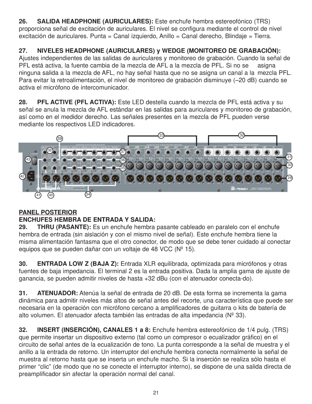 Peavey 1606M owner manual Panel Posterior Enchufes Hembra DE Entrada Y Salida 