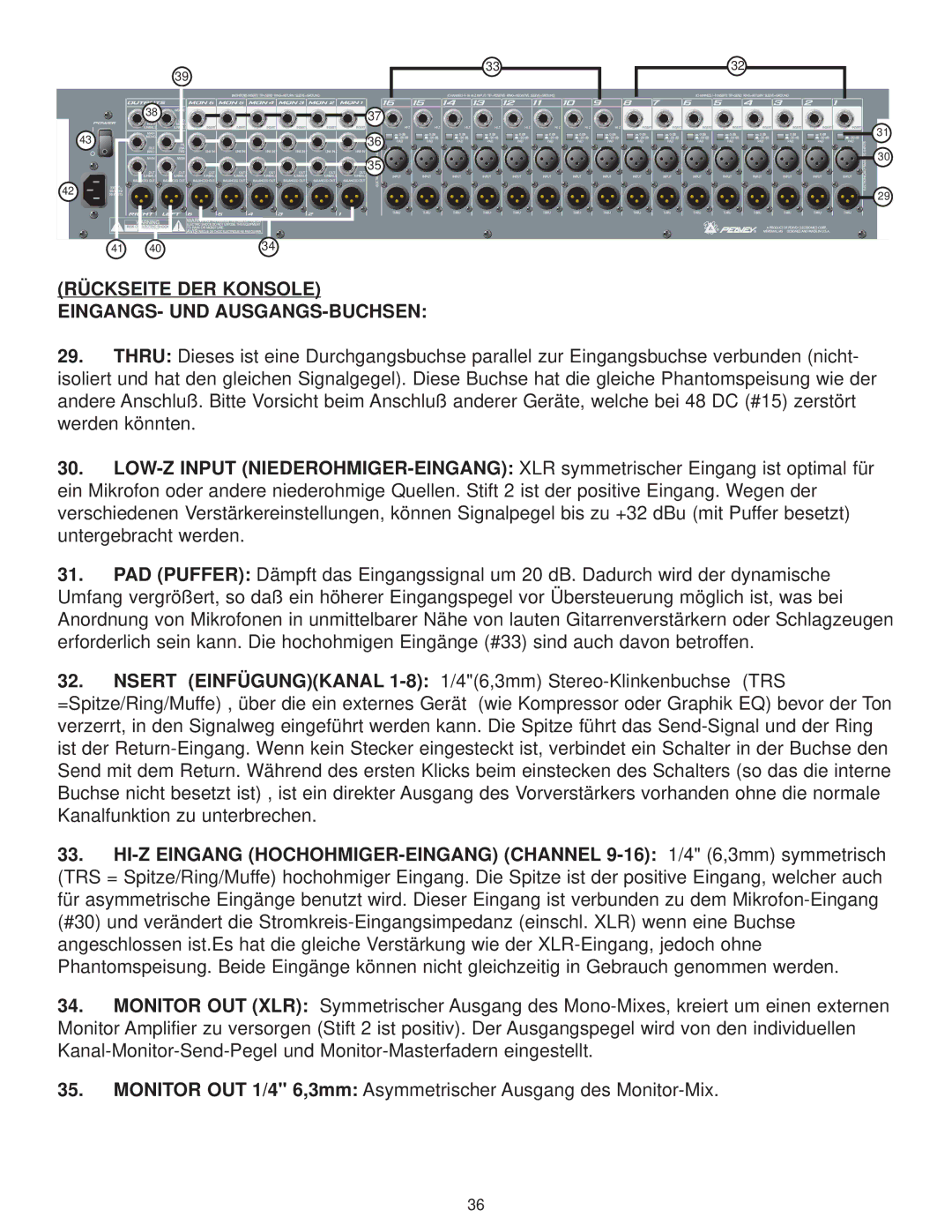 Peavey 1606M owner manual Rückseite DER Konsole EINGANGS- UND AUSGANGS-BUCHSEN 