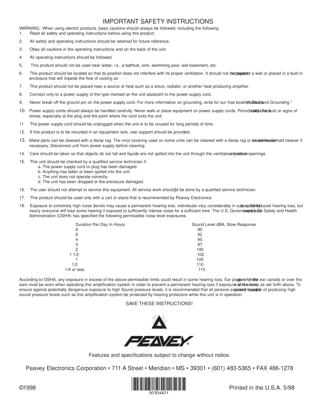 Peavey 1606M owner manual Important Safety Instructions 