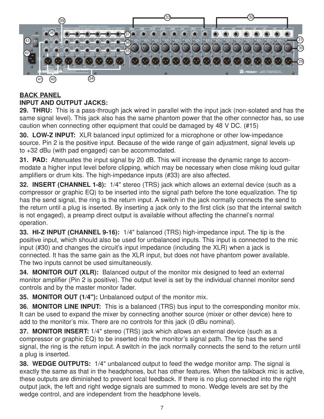 Peavey 1606M owner manual Back Panel Input and Output Jacks 