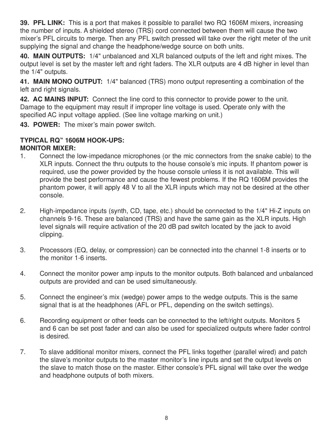 Peavey owner manual Typical RQ 1606M HOOK-UPS Monitor Mixer 