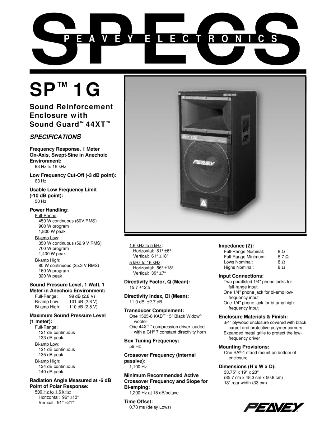 Peavey specifications SP 1G, Specifications 