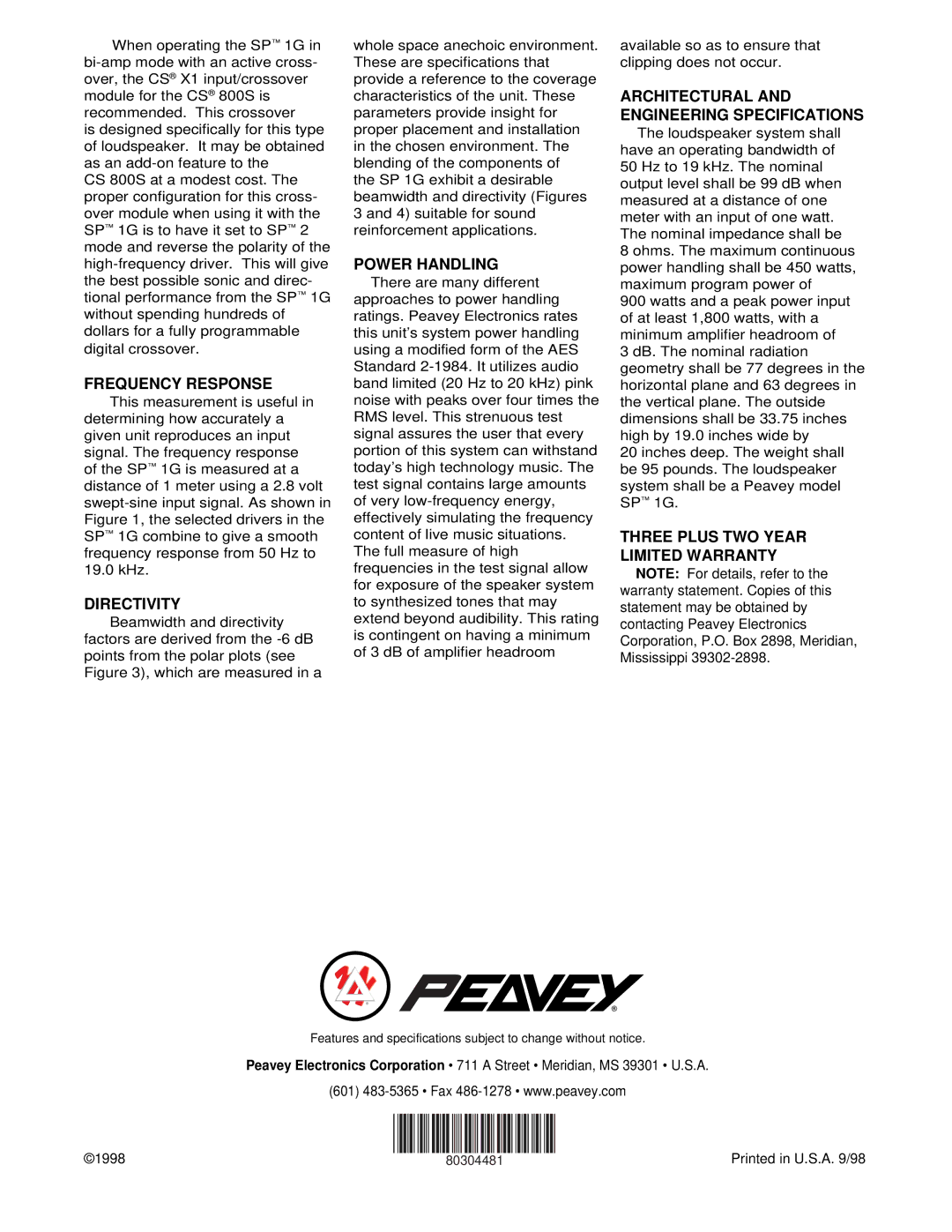 Peavey 1G specifications Frequency Response, Directivity, Power Handling, Architectural and Engineering Specifications 