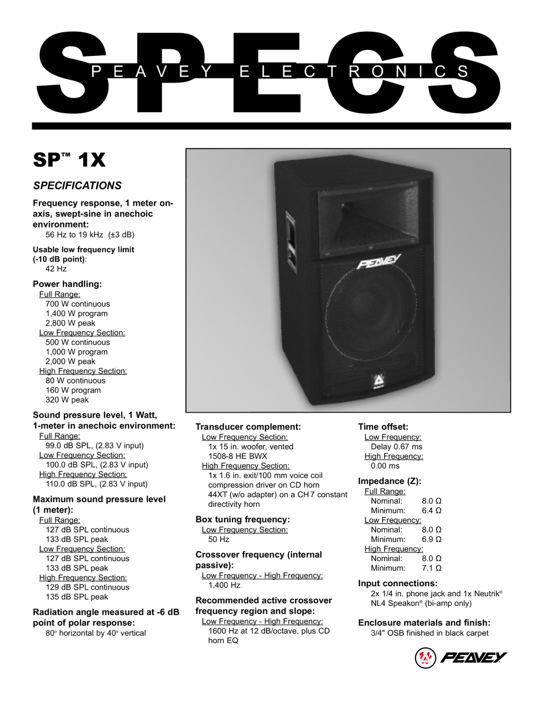 Peavey 1X specifications Power handling, Sound pressure level, 1 Watt Meter in anechoic environment, Transducer complement 