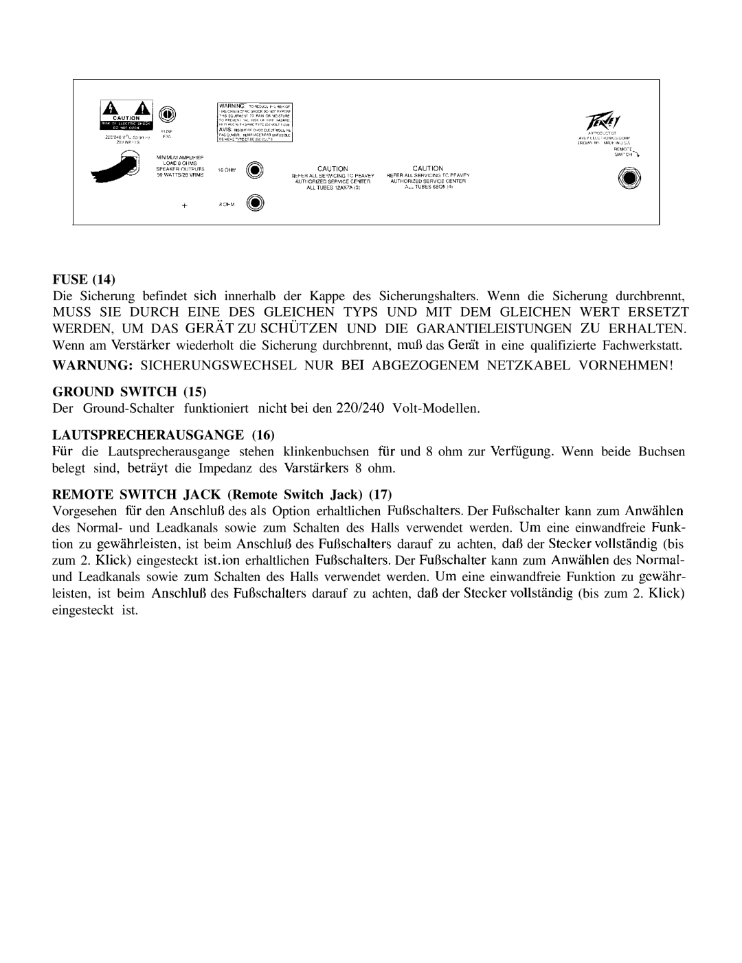 Peavey 410, 212 manual Fuse, Ground Switch, Lautsprecherausgange, Remote Switch Jack Remote Switch Jack 