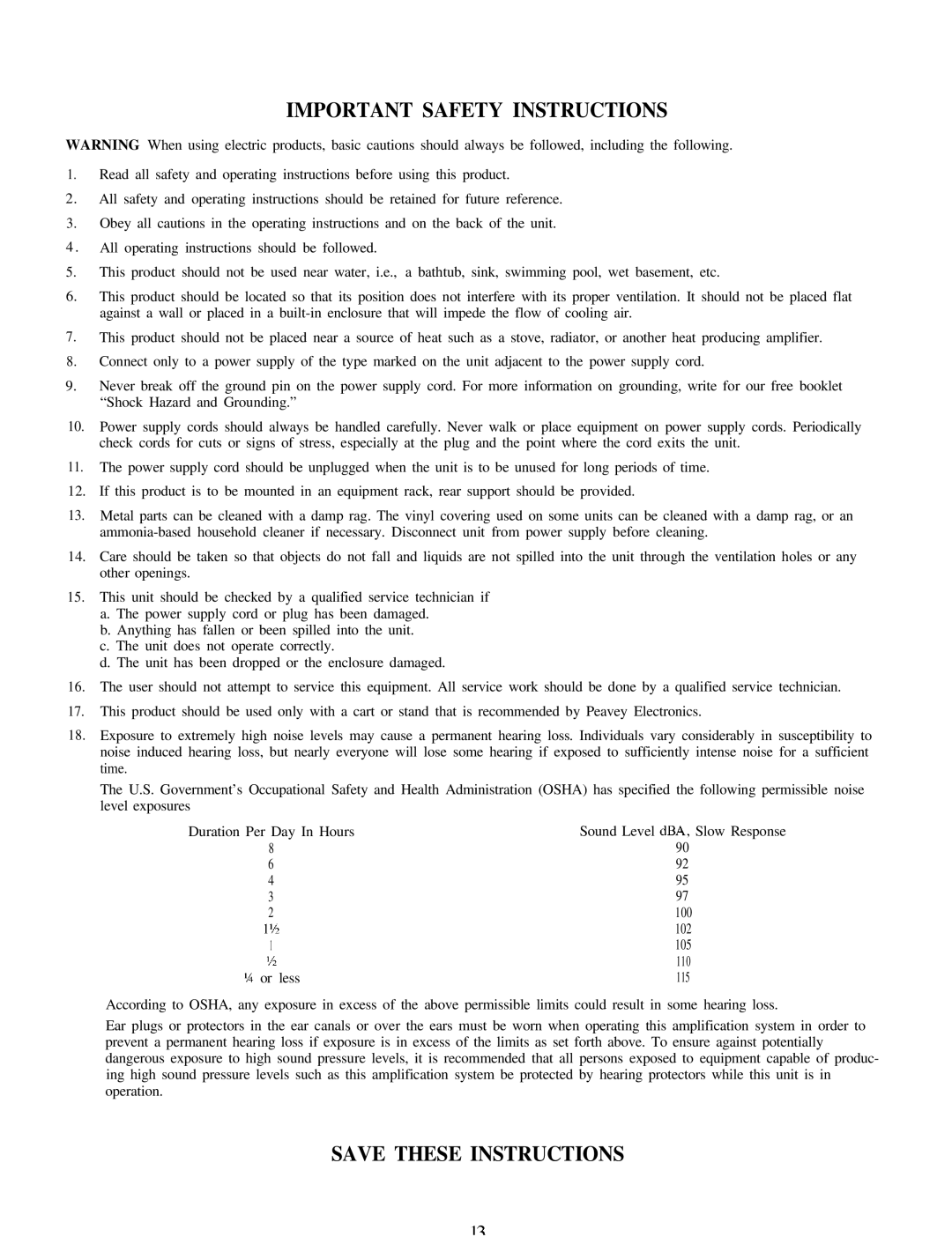 Peavey 410, 212 manual Important Safety Instructions 