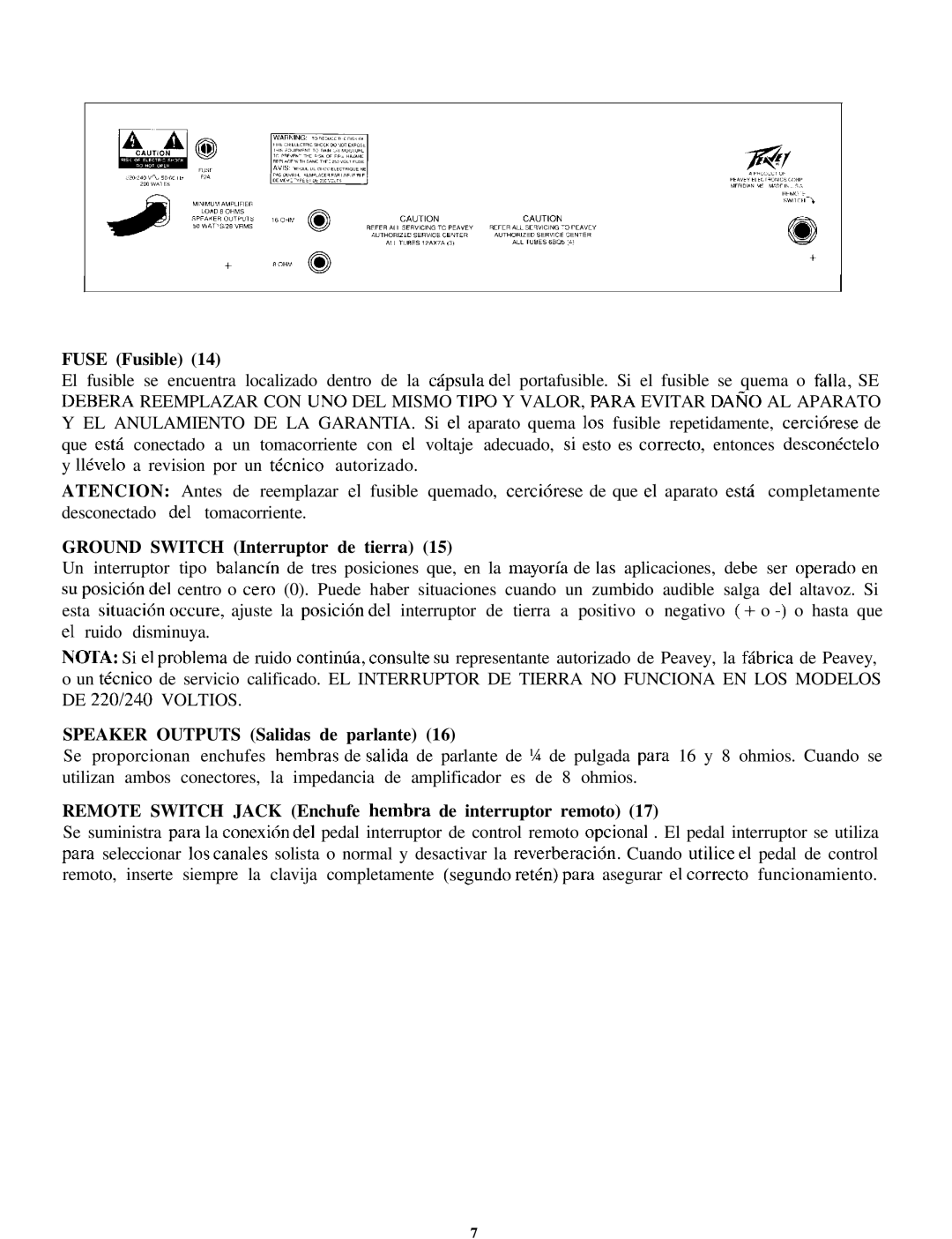 Peavey 410, 212 manual Fuse Fusible, Ground Switch Interruptor de tierra, Speaker Outputs Salidas de parlante 