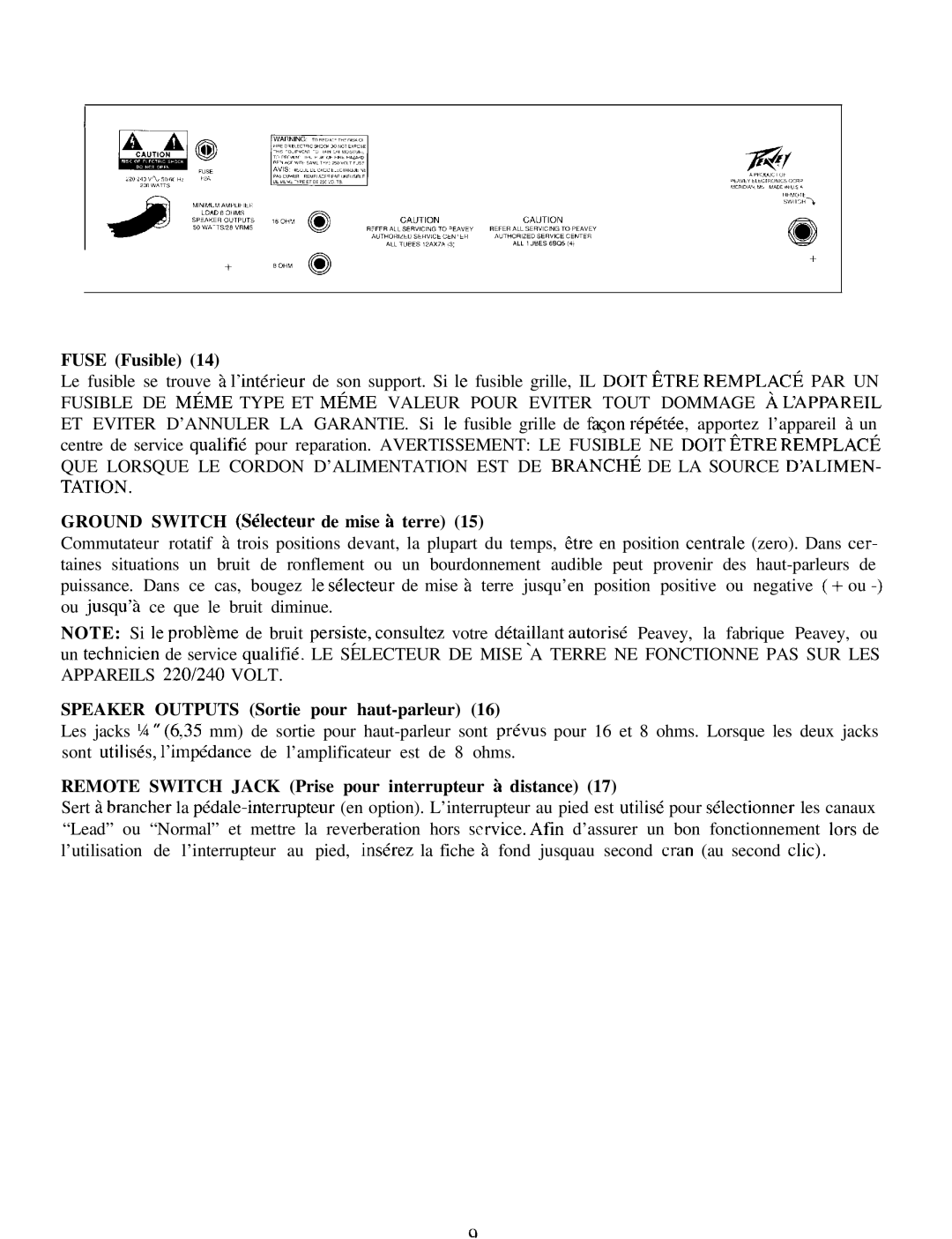 Peavey 410, 212 manual Ground Switch S~lecteur de mise B terre, Speaker Outputs Sortie pour haut-parleur 