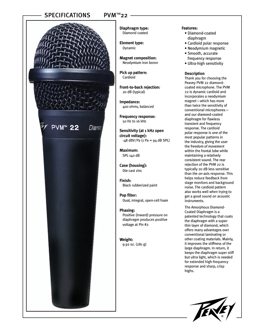 Peavey specifications Specifications PVM22 