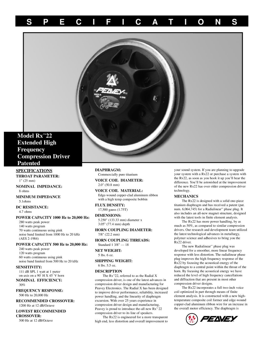 Peavey 22 specifications Throat Parameter, Nominal Impedance, Minimum Impedance, DC Resistance, Sensitivity, Diameter 