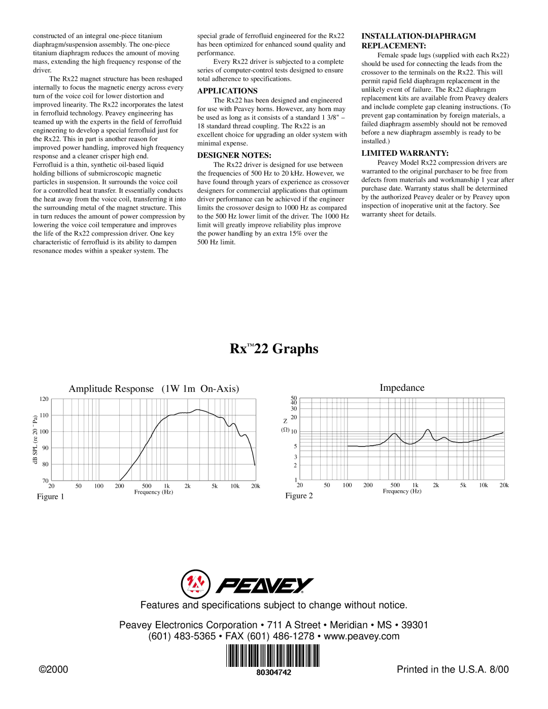 Peavey 22 specifications Applications, Designer Notes, INSTALLATION-DIAPHRAGM Replacement, Limited Warranty, Hz limit 