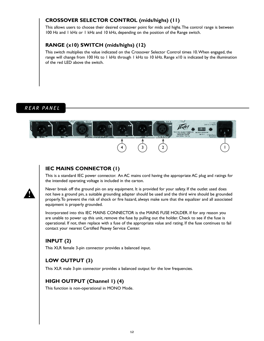 Peavey 23XO manual Crossover Selector Control mids/highs, Range x10 Switch mids/highs, Input, LOW Output 