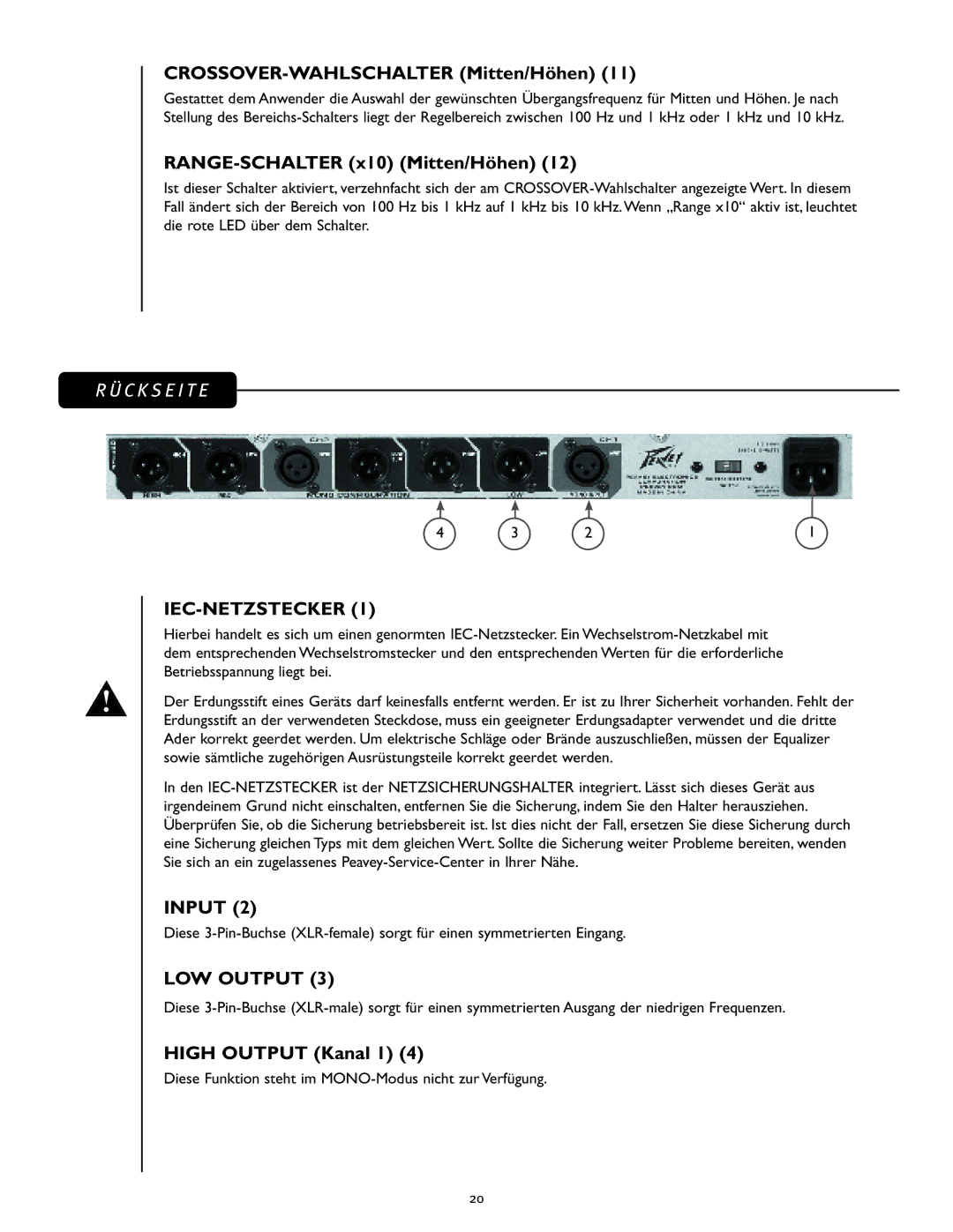 Peavey 23XO manual CROSSOVER-WAHLSCHALTER Mitten/Höhen, RANGE-SCHALTER x10 Mitten/Höhen 